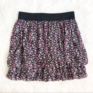 Express Black and Pink Floral Print Tiered Mini Skirt